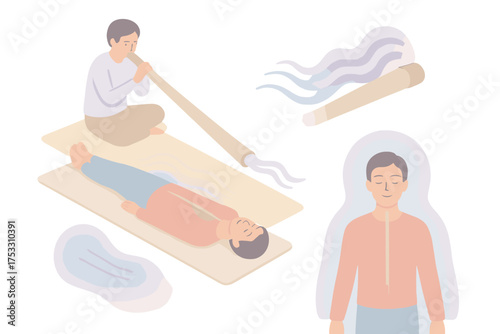 Didgeridoo Sound Healing. Isometric vector illustration set Sound Healing with Didgeridoo: person lying down relaxing, didgeridoo