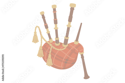 Scottish Bagpipe Illustration. Isometric vector illustration set Bagpipe Instrument: traditional Scottish bagpipe with tartan bag,