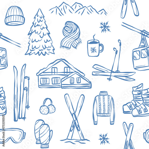 Hand drawn doodle ski essentials seamless pattern