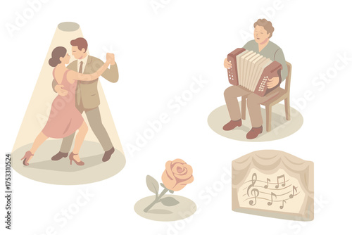 Tango and Accordion Scene. Isometric vector illustration set Tango and Accordion: tango dancers in dramatic pose, accordionist
