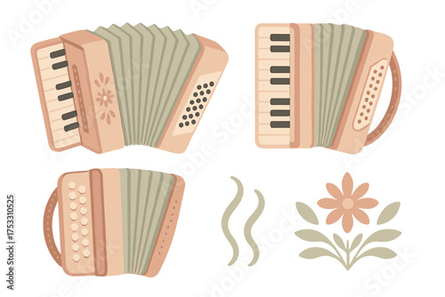 Isometric Accordion Illustration. Isometric vector illustration set Accordion Instrument: accordion with extended bellows, piano