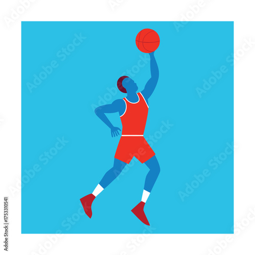 Basketball player in mid-air dunking on blue background