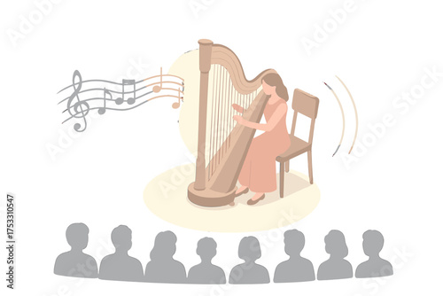 Harpist's Spotlight Melody. Isometric vector illustration set Harp Solo Concert: harpist center stage, empty spotlight focus,