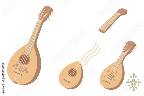 Isometric Mandolin Icons. Isometric vector illustration set Mandolin Instrument: teardrop-shaped wooden body, paired string