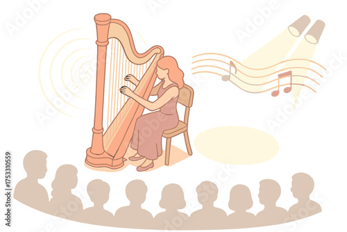 Harpist's Spotlight Melody. Isometric vector illustration set Harp Solo Concert: harpist center stage, empty spotlight focus,