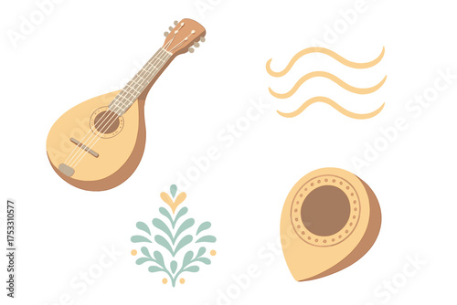 Isometric Mandolin Icons. Isometric vector illustration set Mandolin Instrument: teardrop-shaped wooden body, paired string