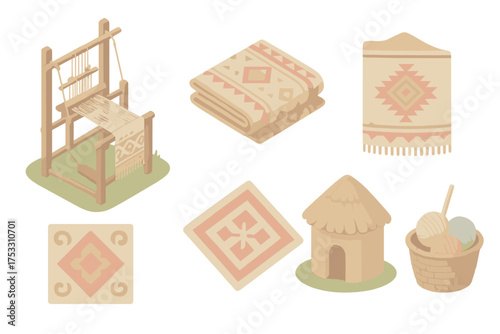 Cultural Textile Weaving. Isometric vector illustration set Cultural Textile Weaving: traditional loom outdoors, patterned tribal
