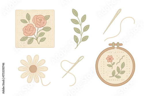 Floral Embroidery Set. Isometric vector illustration set Floral Embroidery Motif: roses stitched on fabric, vine with leaves,
