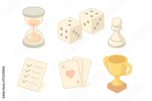 Game Elements Icons. Isometric vector illustration set Game and board elements: hourglass timer, dice, playing cards, chess pawn,
