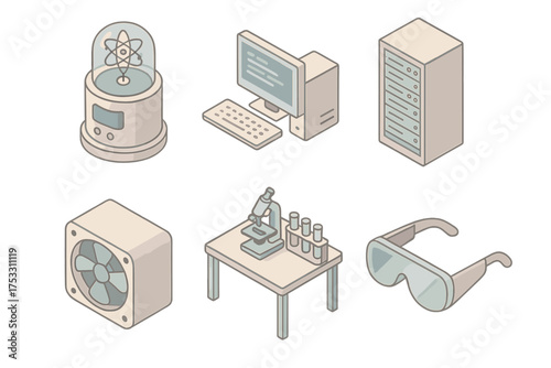 Modern Research Facility Icons. Isometric vector illustration set Modern research facility: atomic clock, computer terminal,