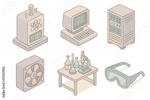 Modern Research Facility Icons. Isometric vector illustration set Modern research facility: atomic clock, computer terminal,
