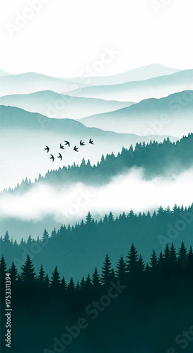 Ink wash painting of layered mountains and pine trees with birds in flight, reminiscent of traditional landscape art