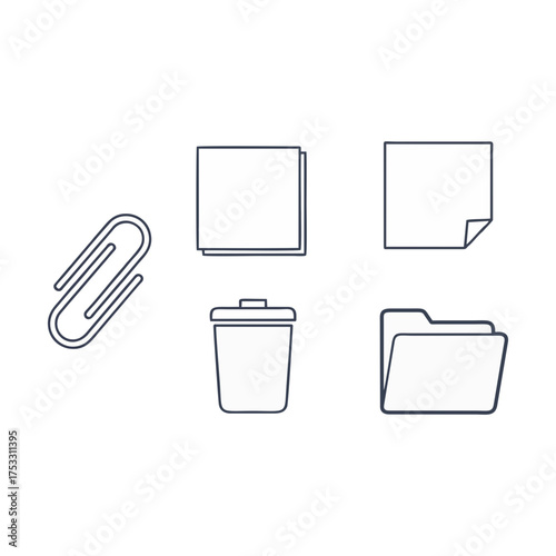 Simple outline illustrations of office supplies, including a paperclip, sticky notes, and folder.