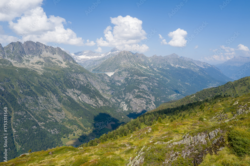 Fototapeta premium The emosson dam in the middle of the mountains in Europe, Switzerland, Valais, in summer, on a sunny day.
