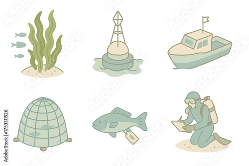Marine Conservation Set. Isometric vector illustration set Marine conservation: kelp habitat, floating buoy, research boat, tagged