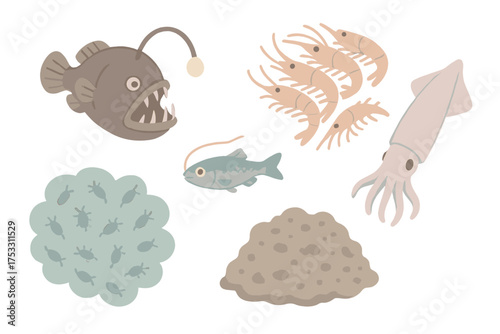 Oceanic Food Chain. Isometric vector illustration set Food chain abyss: anglerfish, shrimp swarm, lanternfish, squid, plankton
