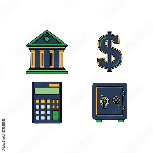 Illustration of a bank, dollar sign, calculator, and safe, representing financial concepts and institutions.