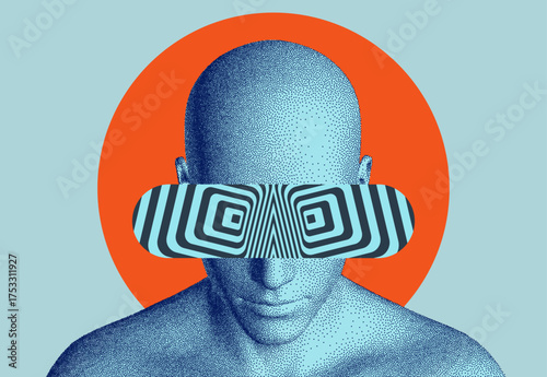 An unknown person wearing hypnotic glasses. An eccentric image. An unusual accessory. A psychedelic image. Anonymous social disguise. A guru. Illustration for brochure, poster, cover, flyer or banner.