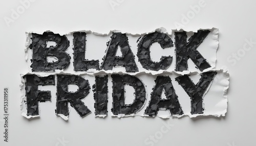 Close up shot of black friday text made of torn paper on a white background surface