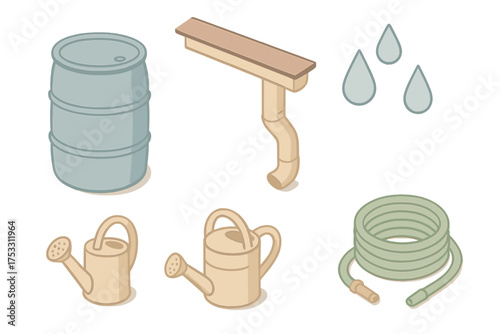 Rainwater Collection Icons. Isometric vector illustration set Rainwater basics: blue barrel, rooftop gutter, downspout pipe,