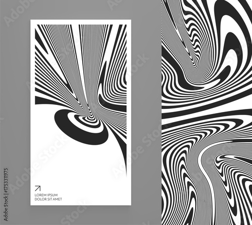 A psychedelic pattern of distorted lines. Striped background. Black and white design. 3D illustration for brochure, poster, cover, card, presentation, flyer or banner.