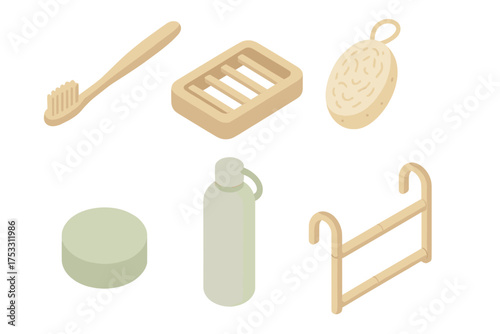 Eco-Friendly Bathroom Set. Isometric vector illustration set Natural bathroom set: bamboo toothbrush biodegradable handle, wooden