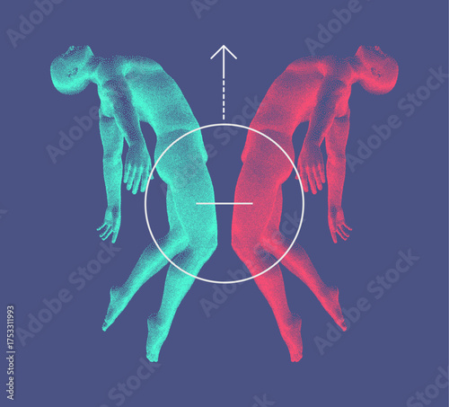 Take me higher. Hovering in the air. Astral travel out of body. Reincarnation spiritual concept. Man in zero gravity. Levitation act. 3D illustration for brochure, poster, cover, flyer or banner.