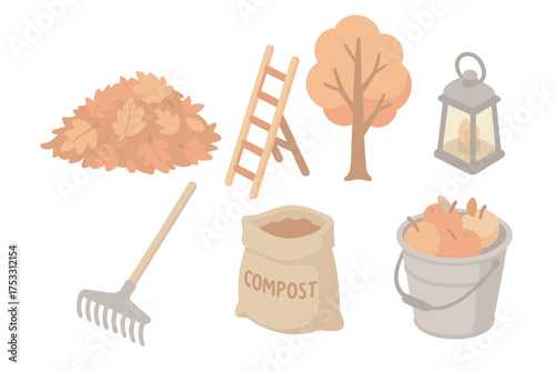 Autumn Chores Icons. Isometric vector illustration set Fall outdoor chores: pile of autumn leaves, garden rake, compost sack,