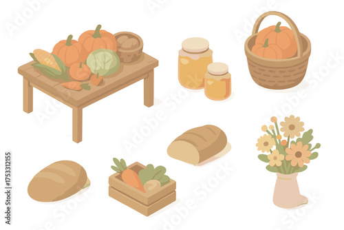 Local Harvest Icons. Isometric vector illustration set Local harvest celebration: table with produce, basket of pumpkins, jars
