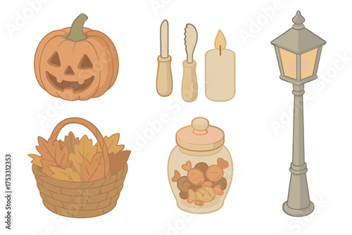 Autumn Crafts Icons. Isometric vector illustration set Holiday autumn crafts: pumpkin carve lantern Halloween, carving tools,