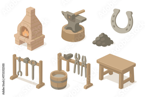 Historic Smith Workshop Icons. Isometric vector illustration set Historic smith workshop: blacksmith forge hammer anvil, horseshoe