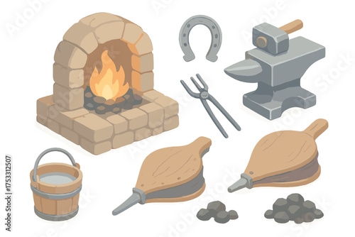 Medieval Blacksmith Icons. Isometric vector illustration set Medieval blacksmith workshop: blacksmith forge hammer anvil, bellows,