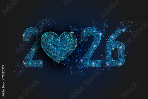 Abstract isolated blue image of new year number 2026. Polygonal low poly wireframe illustration looks like stars in the black night sky in space or flying glass shards. Digital web, internet design.