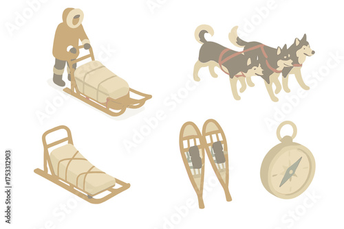 Northern Wilderness Adventure. Isometric vector illustration set Northern wilderness travel: dog sled mush snow, sled loaded, team