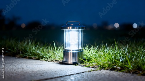 LED lantern on grass at night