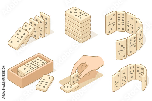 Family Game Night. Isometric vector illustration set Family game night: domino tile line fall, domino stack, tabletop, hand