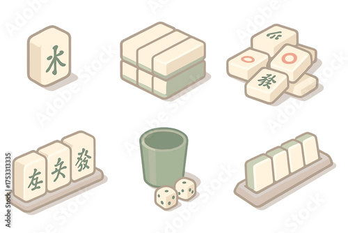Mahjong Strategy Icons. Isometric vector illustration set Mahjong strategy play: mahjong tile chinese game, tile stack wall,