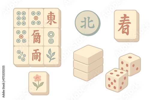 Pastel Mahjong Elements. Isometric vector illustration set Cultural board game layout: mahjong tile chinese game, stacked tiles