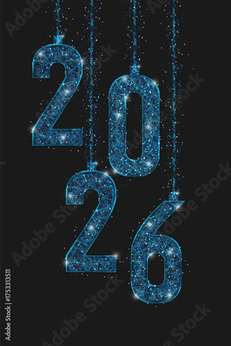 Abstract isolated blue image of new year number 2026. Polygonal low poly wireframe illustration looks like stars in the black night sky in space or flying glass shards. Digital web, internet design.