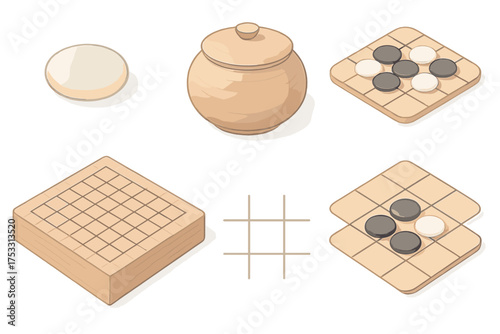 Go Game Elements. Isometric vector illustration set Classic strategy match: go stone capture territory, bowl with lid, arranged