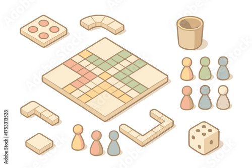Pachisi Board Game Elements. Isometric vector illustration set Cultural tabletop game: pachisi pawn home path, square board with