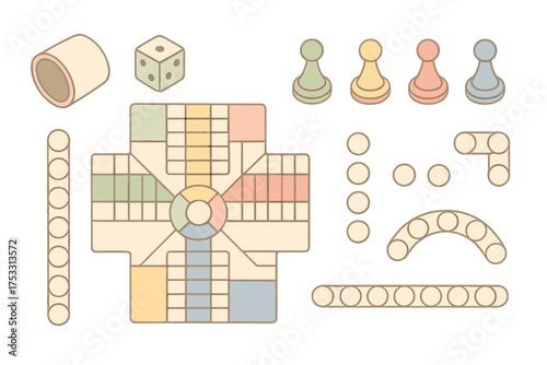 Pachisi Board Game Elements. Isometric vector illustration set Cultural tabletop game: pachisi pawn home path, square board with
