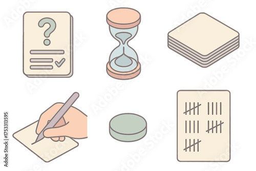 Quiz Icons Set. Isometric vector illustration set Fast-paced quiz items: trivia card question answer, quick timer, card pile, hand