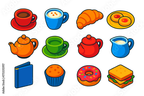 Cafe Icon Set. Isometric vector illustration set Cafe Items: coffee cup, cappuccino mug, croissant, pastry plate, teapot, tea cup,