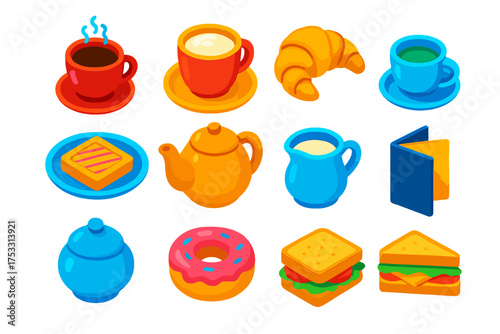 Cafe Icon Set. Isometric vector illustration set Cafe Items: coffee cup, cappuccino mug, croissant, pastry plate, teapot, tea cup,