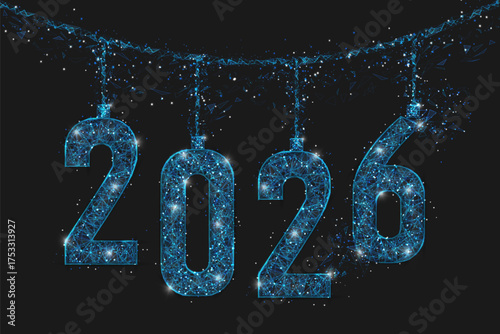 Abstract isolated blue image of new year number 2026. Polygonal low poly wireframe illustration looks like stars in the black night sky in space or flying glass shards. Digital web, internet design.