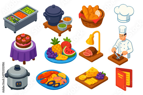 Colorful Buffet Icons. Isometric vector illustration set Buffet Restaurant: salad bar, soup station, bread basket, dessert table,