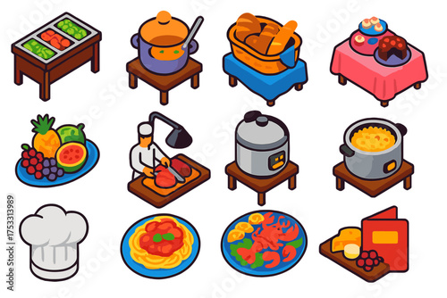 Colorful Buffet Icons. Isometric vector illustration set Buffet Restaurant: salad bar, soup station, bread basket, dessert table,