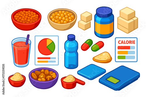 Plant Protein Icons. Isometric vector illustration set Plant-Based Protein: lentil bowl, chickpeas, tofu, quinoa, protein powder
