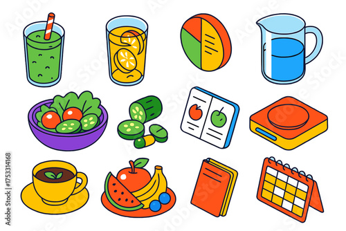 Healthy Eating Icons. Isometric vector illustration set Detox and Clean Eating: green smoothie, lemon water, macro chart, calorie
